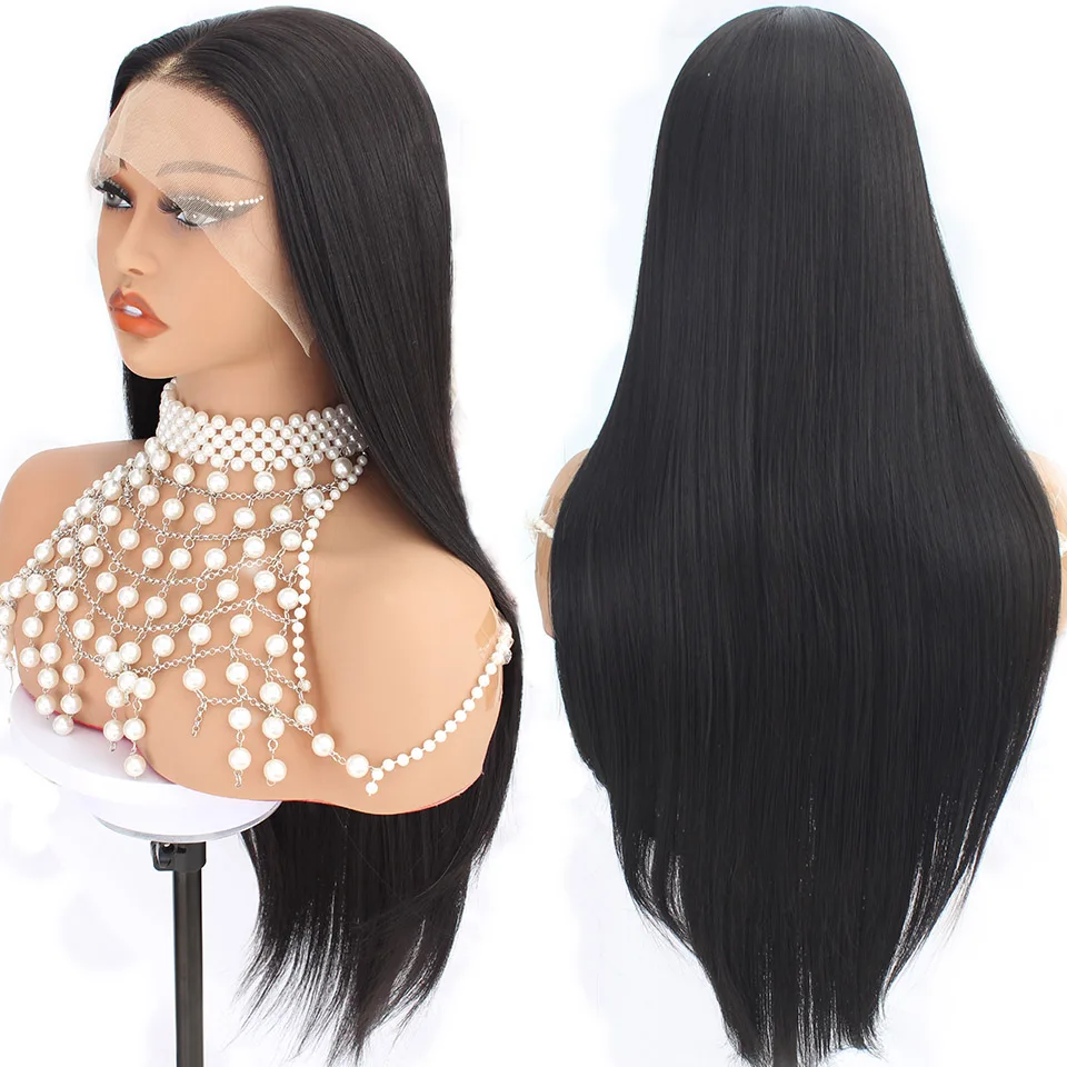 

Черные 26 дюймов 13X4 прямые синтетические парики фронта шнурка прозрачные швейцарские парики шнурка прямые кружевные фронтальные парики 260 грамм парики для косплея