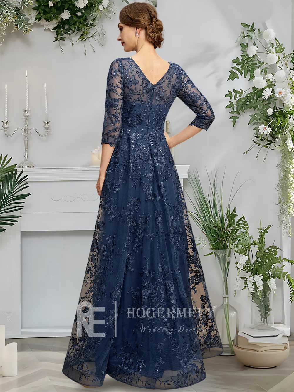 

A Mother Of The Bride Dress Elegant Evening Dress Navy Blue A-Line Floor-Length Lace Scoop 3/4 Sleeve Cocktail Party Wedding