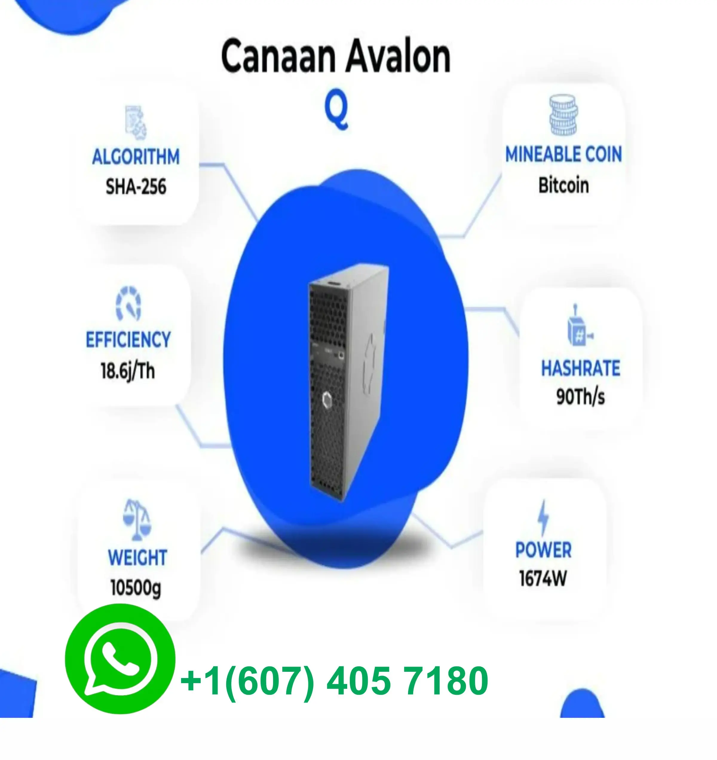 Майнер HKD Canaan Avalon Q ASIC, 90 TH/s, для биткоина (BTC), SHA-256, 1674 Вт, 18.6 Дж/ТХ, воздушное охлаждение, 110-240 В.