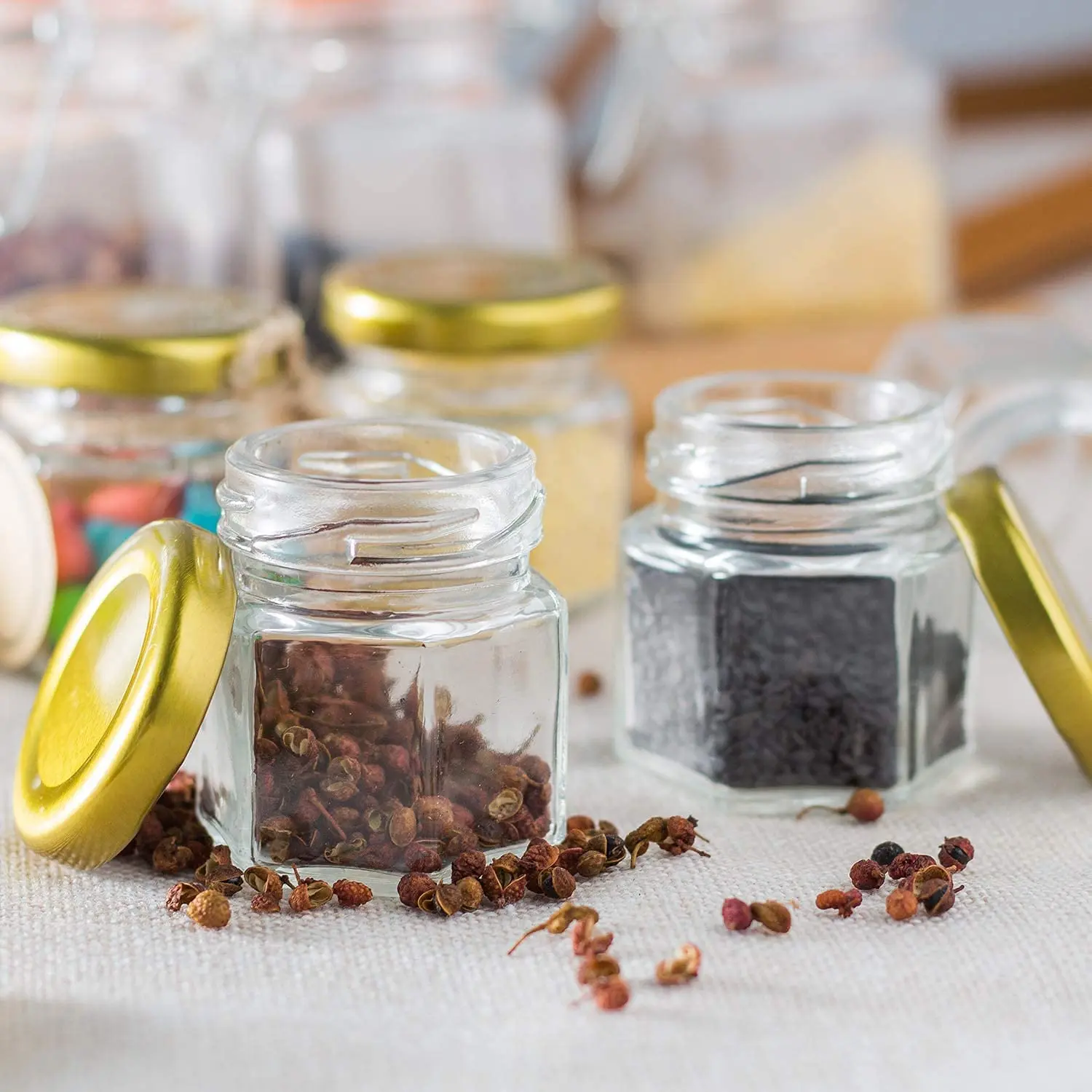 Mini Honey jars-Hexagon honey jars with wooden spoon, bee pendant,Glass Honey jars with lids, Baby Shower, Wedding Favors