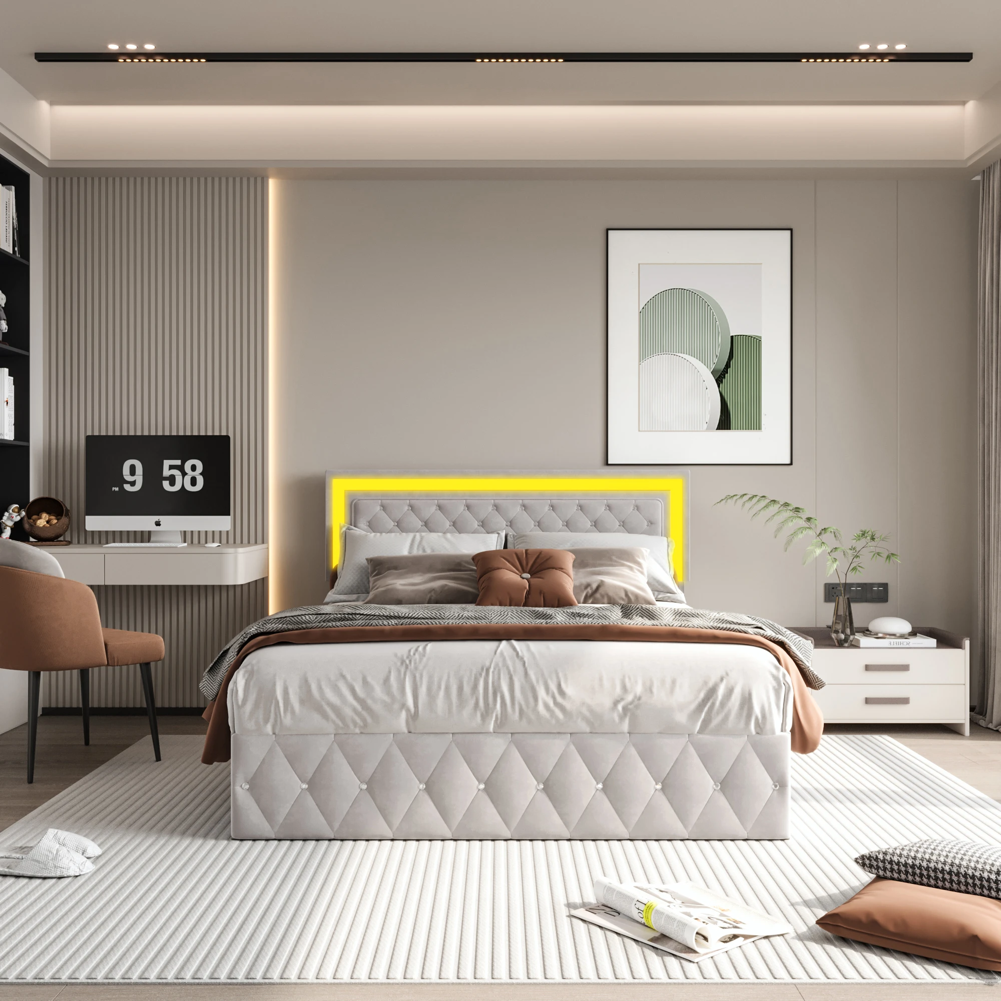 Łóżko ze schowkiem, podwójne łóżko z listwą LED z listwową podstawą i zagłówkiem klamry, aksamit-180x200cm