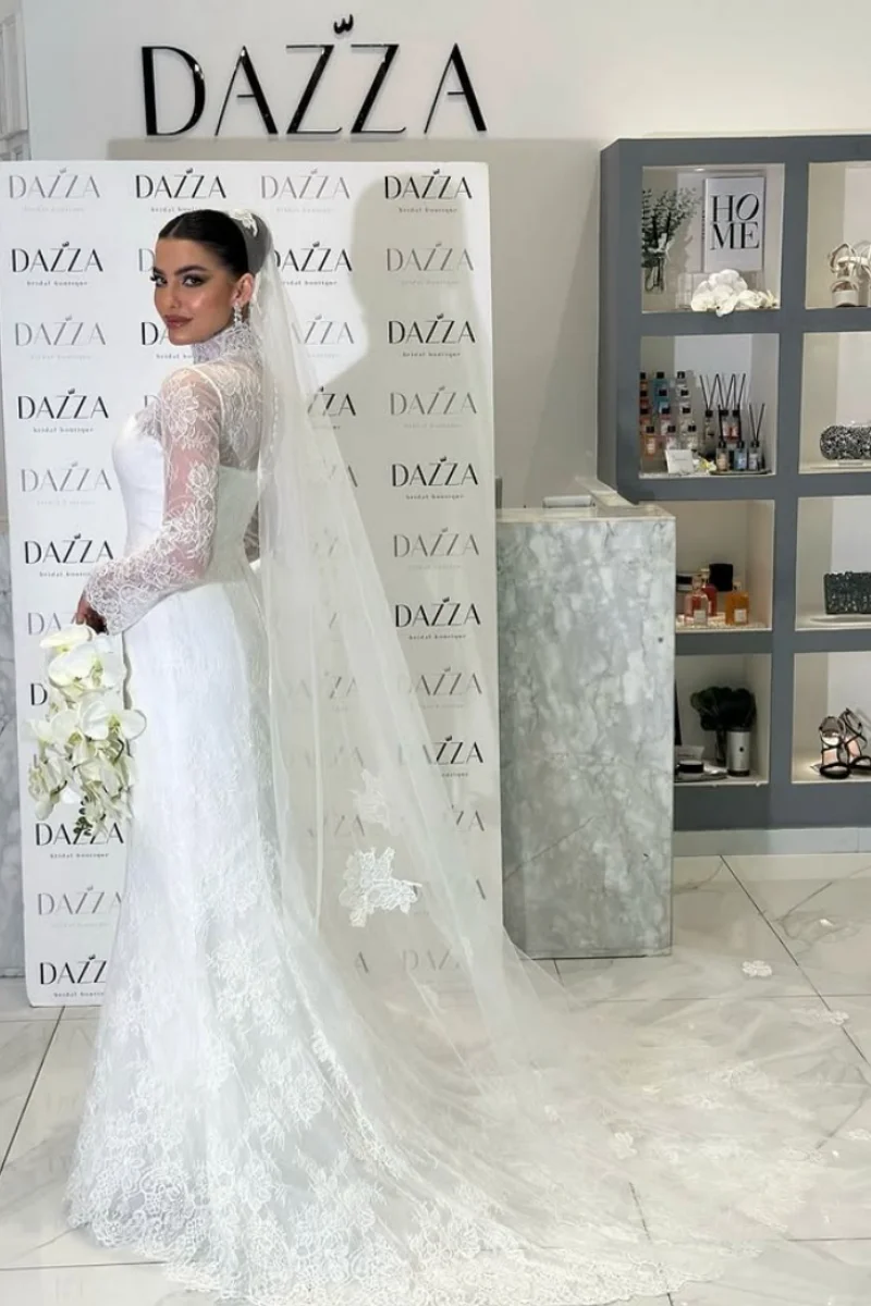 Jessica elegante gola alta vestidos de noite luxo rendas mangas compridas vestidos de baile ocasiões formais vestido de casamento cabido