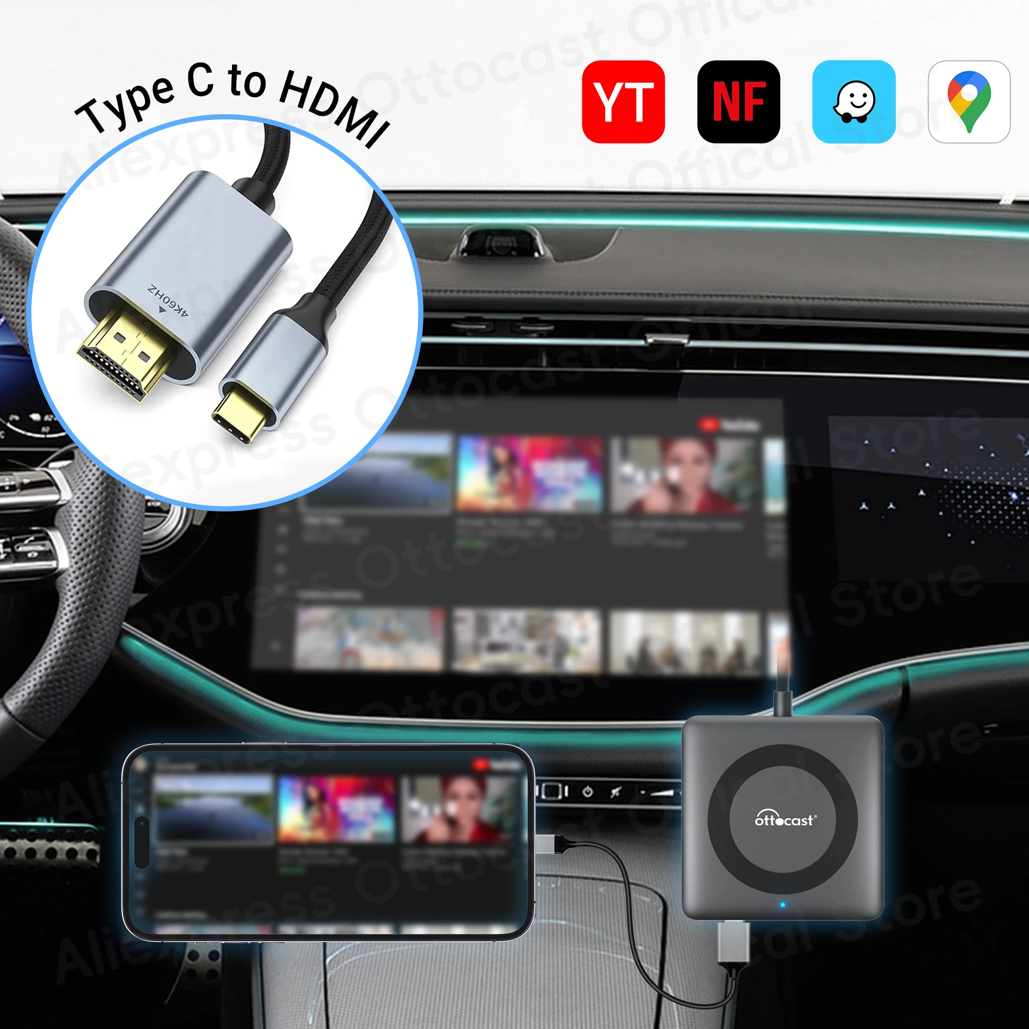 2024 OTTOCAST Car TV Mate C3 Multimedia Wireless CarPlay Adapter Video Converter for HDMI in for TV Fire Sticks Game Consoles