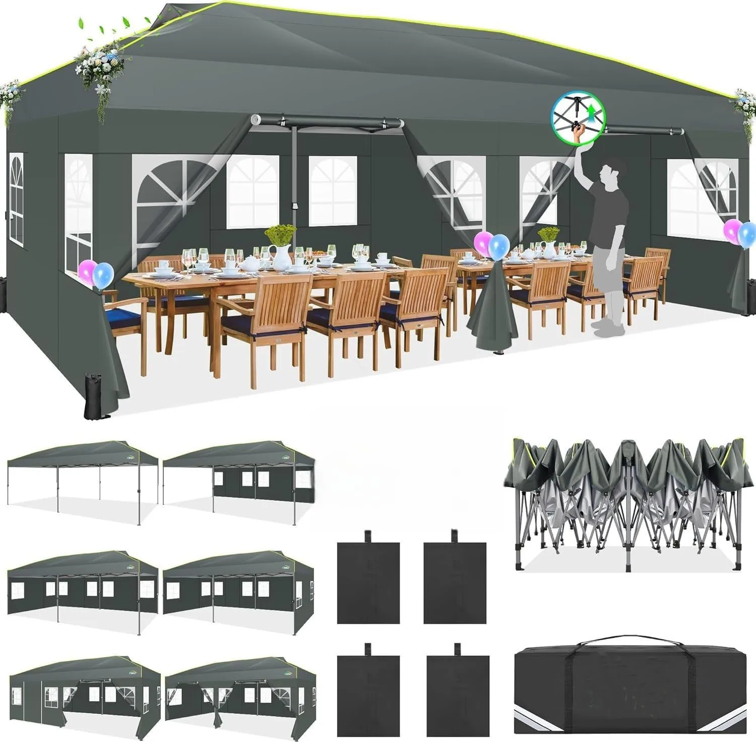 Gazebo pop-up 3x6, tente de fête étanche avec 6 parois latérales, tonnelle de jardin avec bandes réfléchissantes et ouverture de ventilation pour les mariages