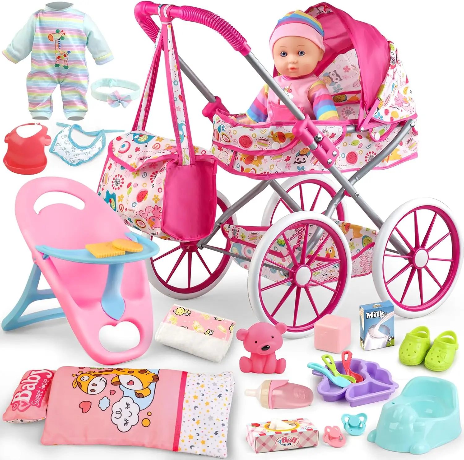 

Baby Doll Stroller Toys Set with 12.5" Baby Doll,Dining Chair,Quilt Pillow,24 PCS Doll Accessories and 2 Sets Doll Clothes,Baby