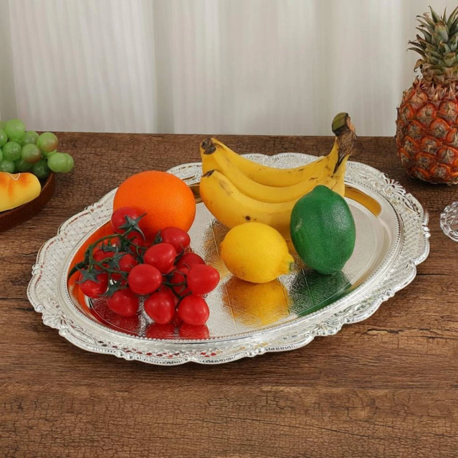 Vintage Silver Tray Embossed Decorative Serving Tray Metal Display Plate for Home Kitchen Coffee Table Decor Wedding Party Gift