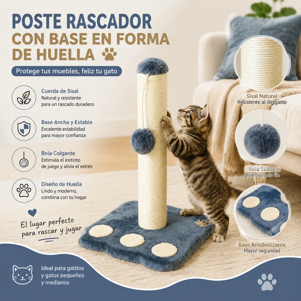 Griffoir pour chat en sisal avec base à motif de patte 25x25x35cm, jouet suspendu avec balle, anti-rayures pour meubles, disponible en bleu et rose