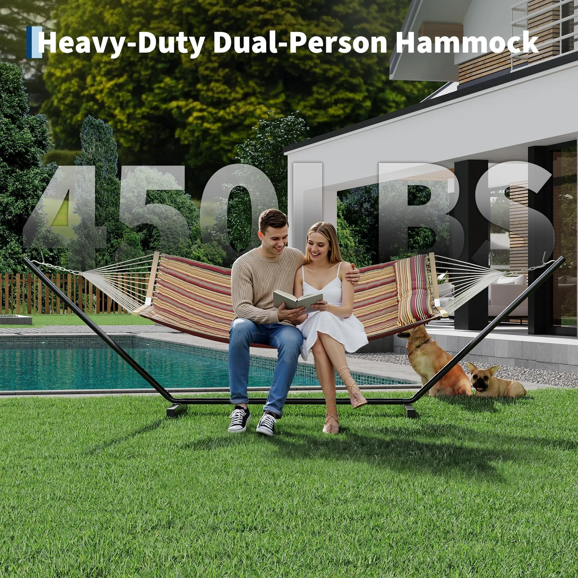 Hamac avec structure, double pour 2 personnes, capacité 200 kg, XXL, adapté pour l'intérieur et l'extérieur, jardin, terrasse, balcon et piscine, incl. Coussin et sac de transport, rayé rouge-vin-marron-jaune.