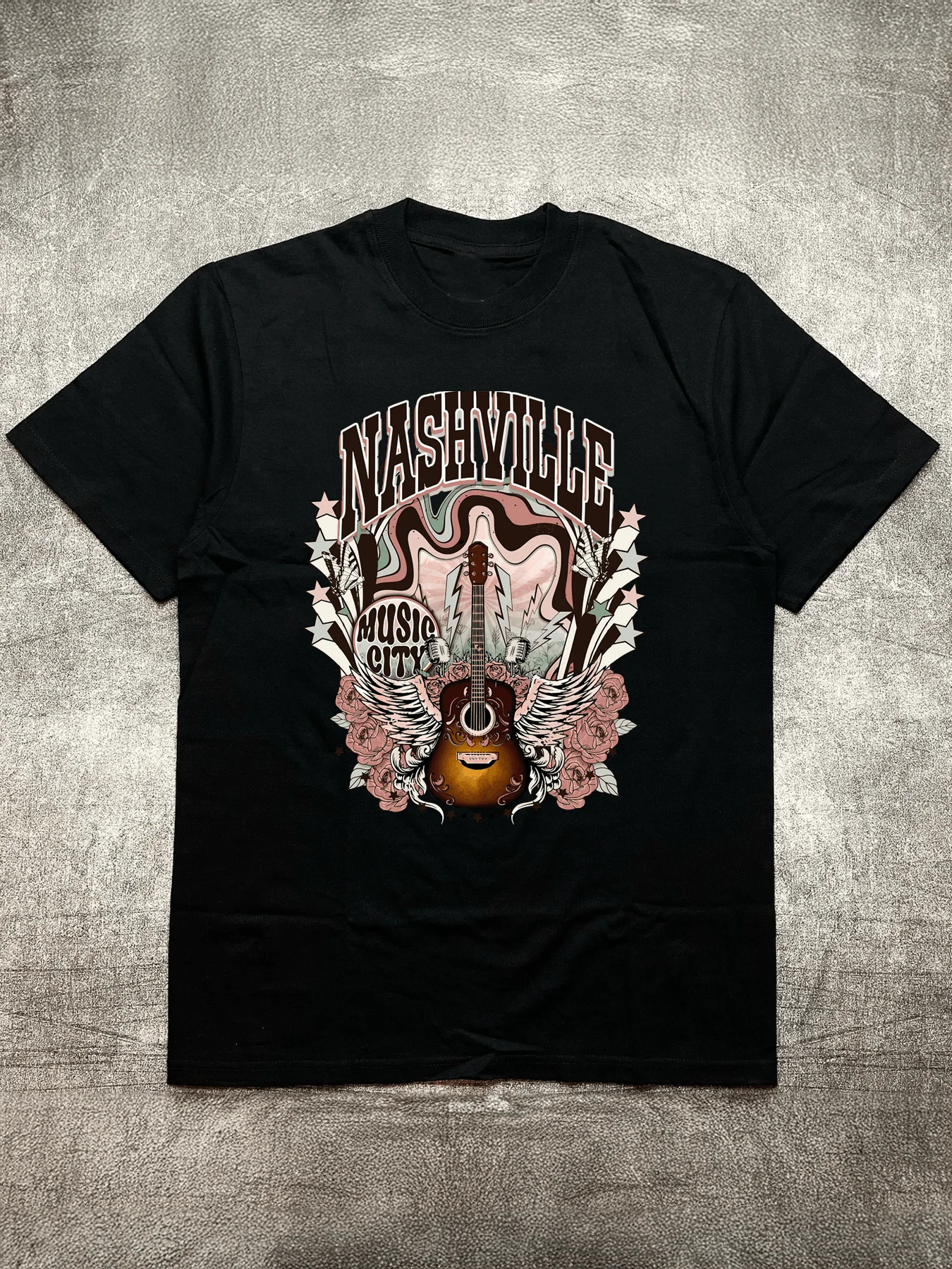 

Men's Black 200G Cotton Heat Transfer Printed Crew Neck Short Sleeve T-Shirt - Nashville Music City Theme Pattern
