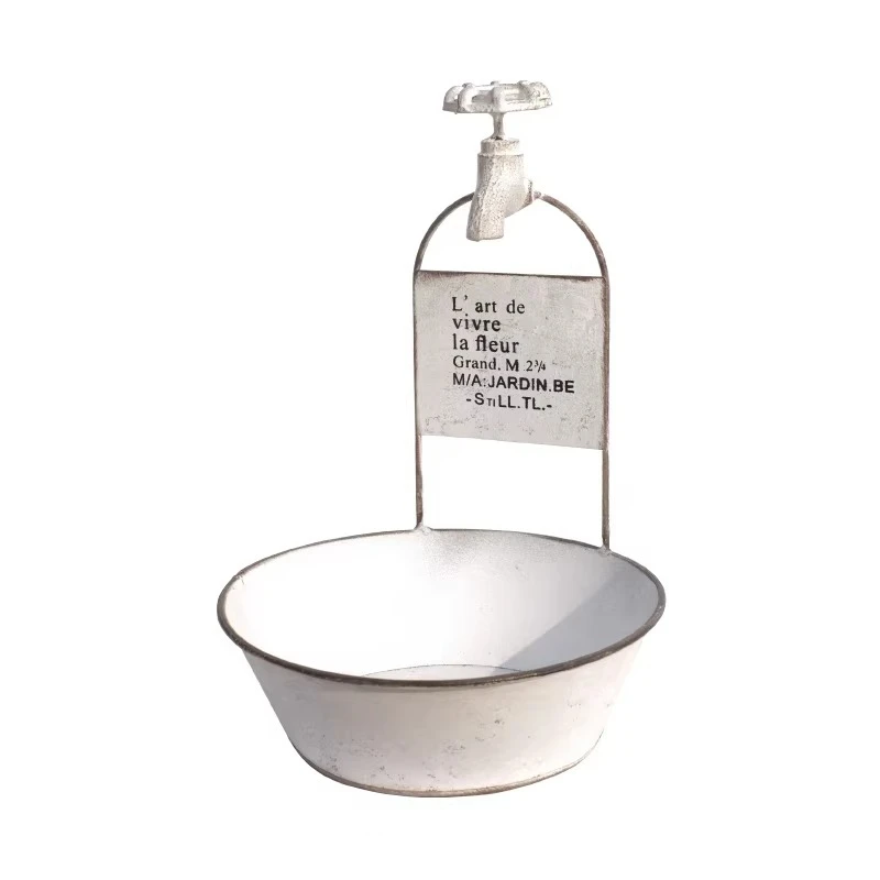 Shallow White Metal Faucet Planter Bowl, Rustic Vintage Garden Decor Pot, Tabletop Succulent Flower Holder