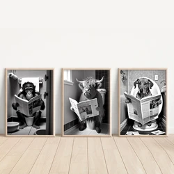 Funny Animals Sitting on the Toilet Reading a Newspaper Prints Bathroom Wall Decor Pictures Monkey Dog Cow WC Wall Posters