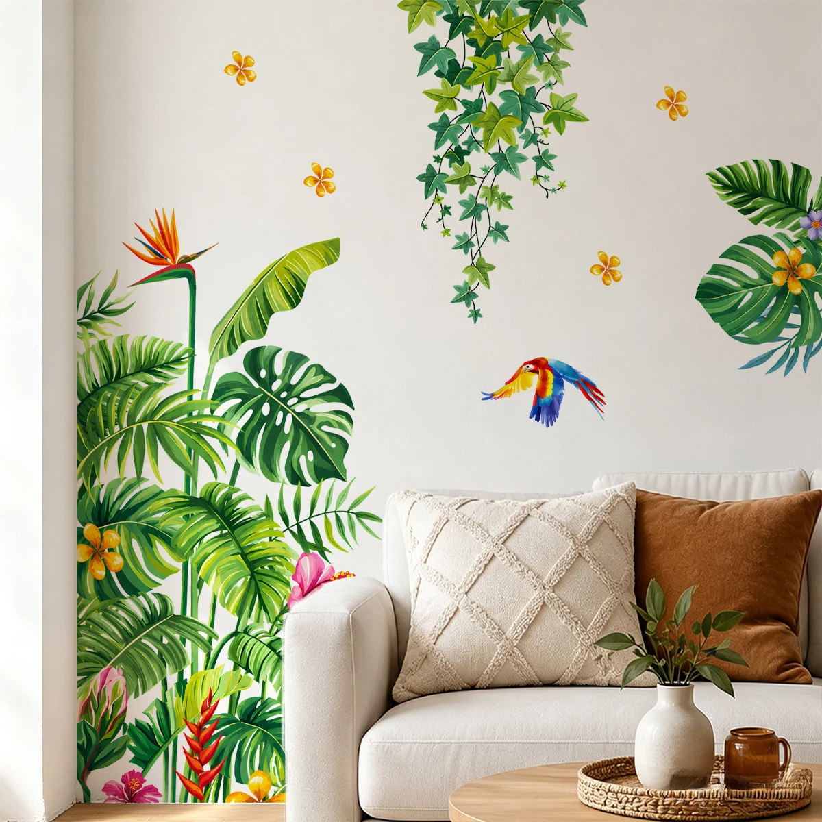 Tropical Plants Door Stickers Palm Leaves Wall Decals Parrot Hanging Ivy Floral Wall Stickers for Living Room Bedroom Home Decor view 5
