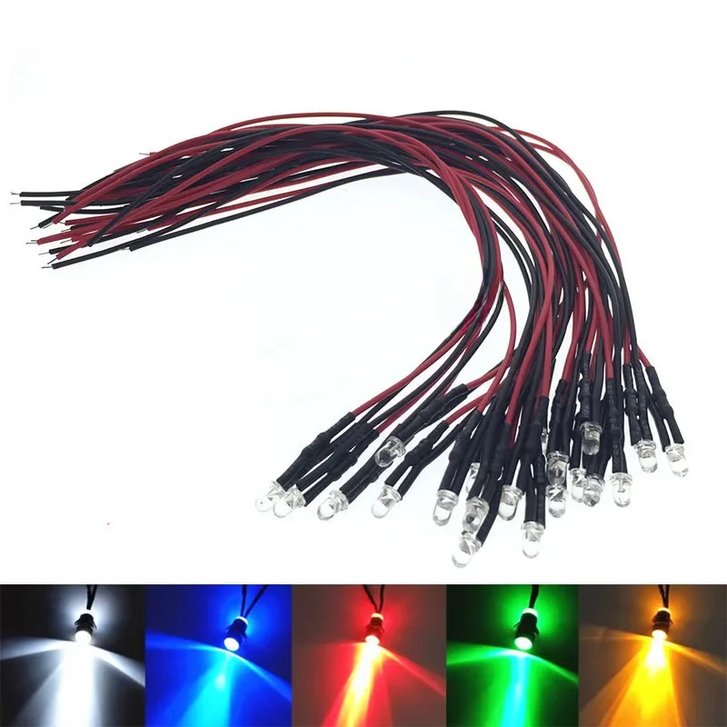 10 SZTUK 3mm LED 5-12V 20cm Wstępnie okablowana Biały Czerwony Zielony Niebieski Żółty UV RGB Dioda Dekoracyjna Lampa Diody elektroluminescencyjne Wstępnie lutowane — zdjęcie 2