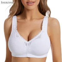Sheroine Sujetador de talla grande de algodón de encaje suave, lencería ultrafina sin aros y no acolchada para mujer, soporte de elevación y comodidad