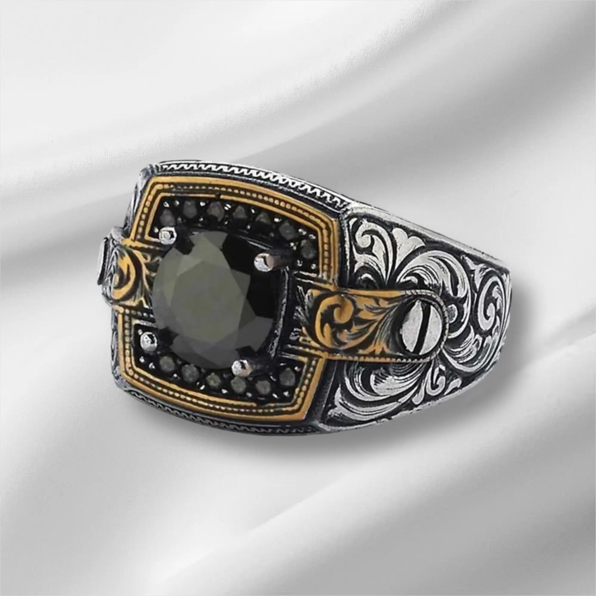 Blue Zircon Stone Ring 925 Sterling Silver Blue, Black Or White Zircon Engraved Plain Ottoman Motif Men's Ring Jewelry for Men