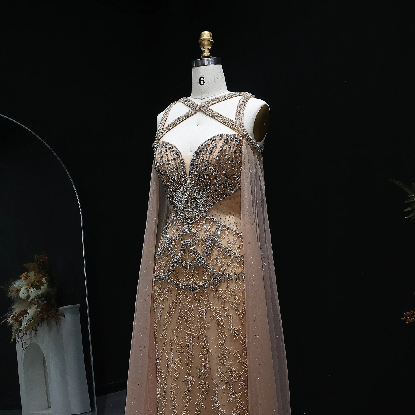 Sharon SaidLuxury Kristall Arabisch Meerjungfrau Champagner Abendkleid mit Cape Ärmeln Elegantes Hochzeitskleid SS211 Maßgeschneidert