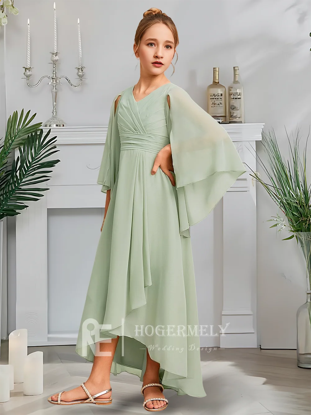 Эфирное платье подружки невесты с v-образным вырезом, туманное платье цвета селадона для девочек, асимметричное шифоновое платье трапециевидной формы, садовое гала-вечеринка, свадебная вечеринка