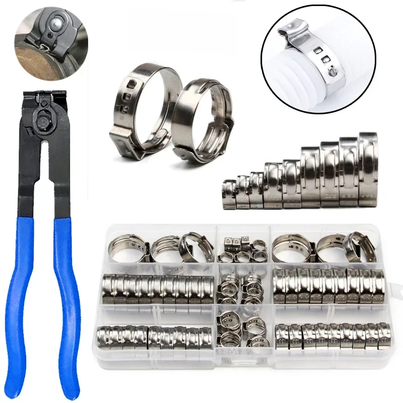 45/80 pièces colliers de serrage en continu à une seule oreille pinces 304 colliers de serrage en acier inoxydable cintré anneaux pinces manuelles boîte 5.8-23.5mm