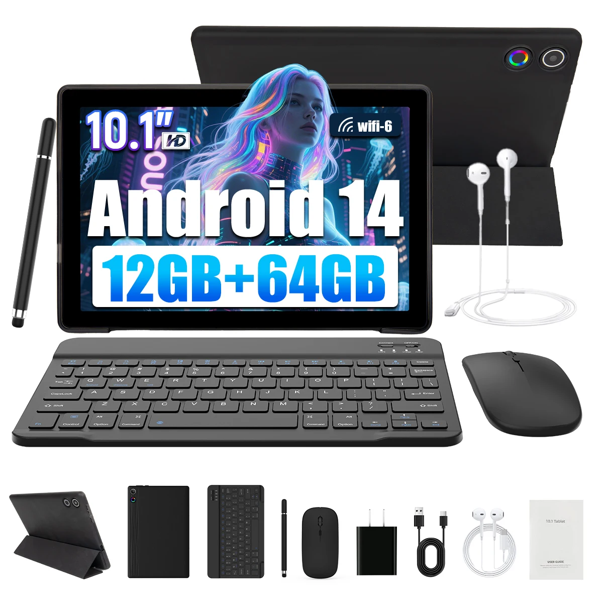 

10.1 Inch Android 14 Tablet 12GB RAM 64GB ROM Face Unlock IPS HD Screen with Protective Case Stylus Keyboard Mouse Headphones