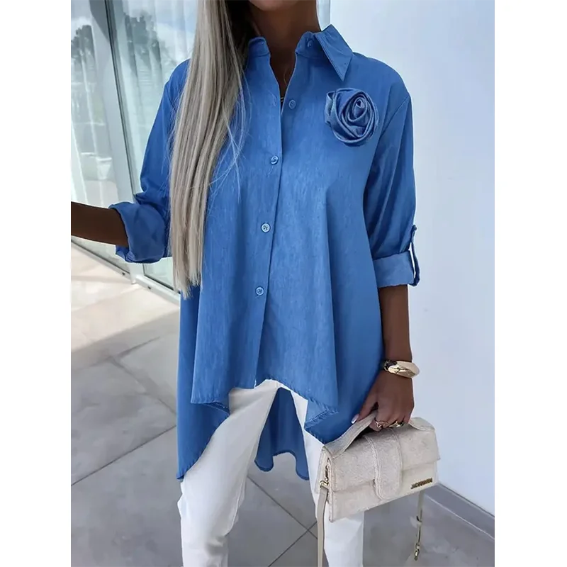 Krisnanas Women\'s Blue Camisas & Blusas Fashion Half Sleeves High-Low Buttoned Pockets Solid Color Lapel Blouses&Shirts Tops