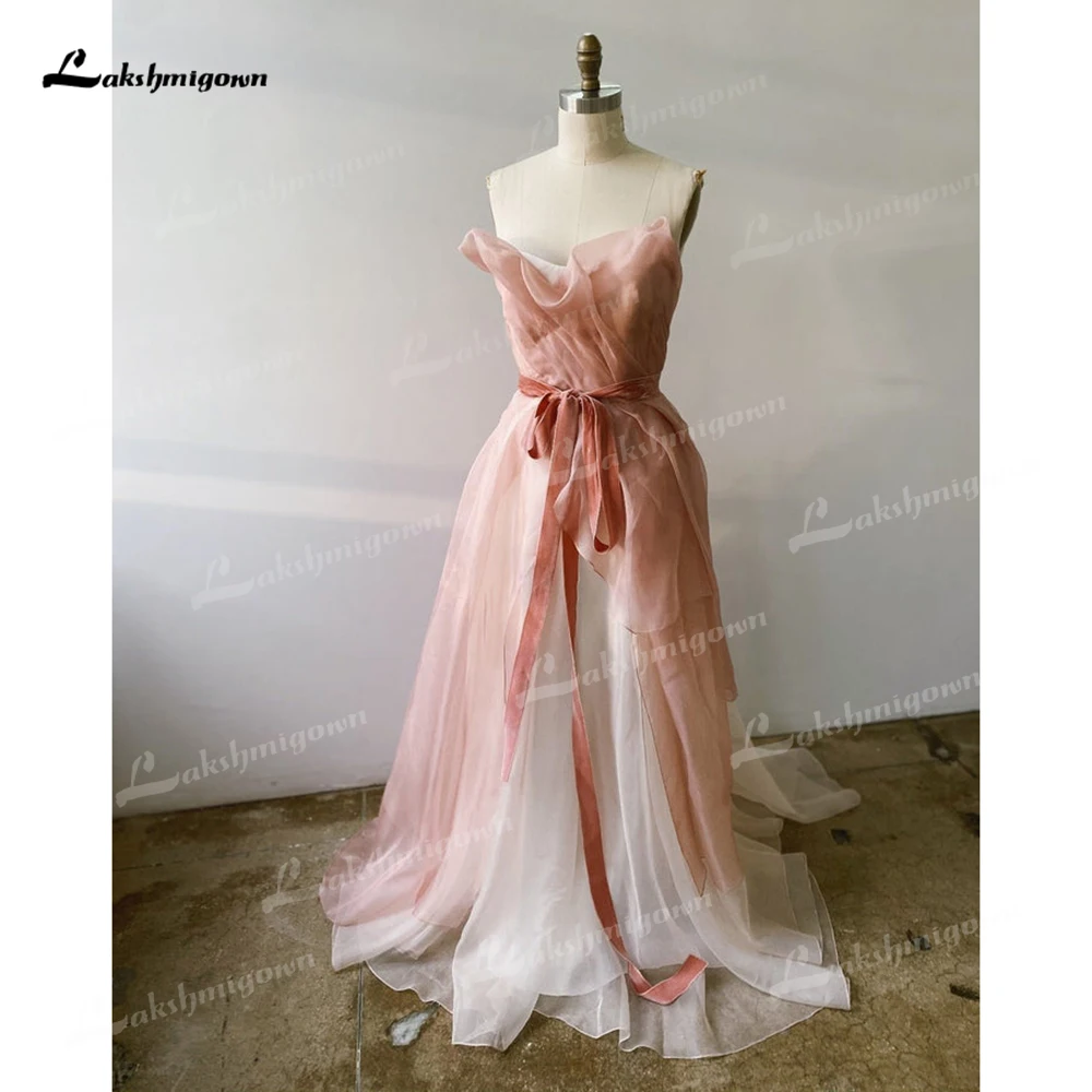 Sexy rosa träger lose ärmellose Gürtel Schleife Netz eine Linie Brautkleid für Frauen Boho Brautkleider Sweep Vestidos de Novia Robe de