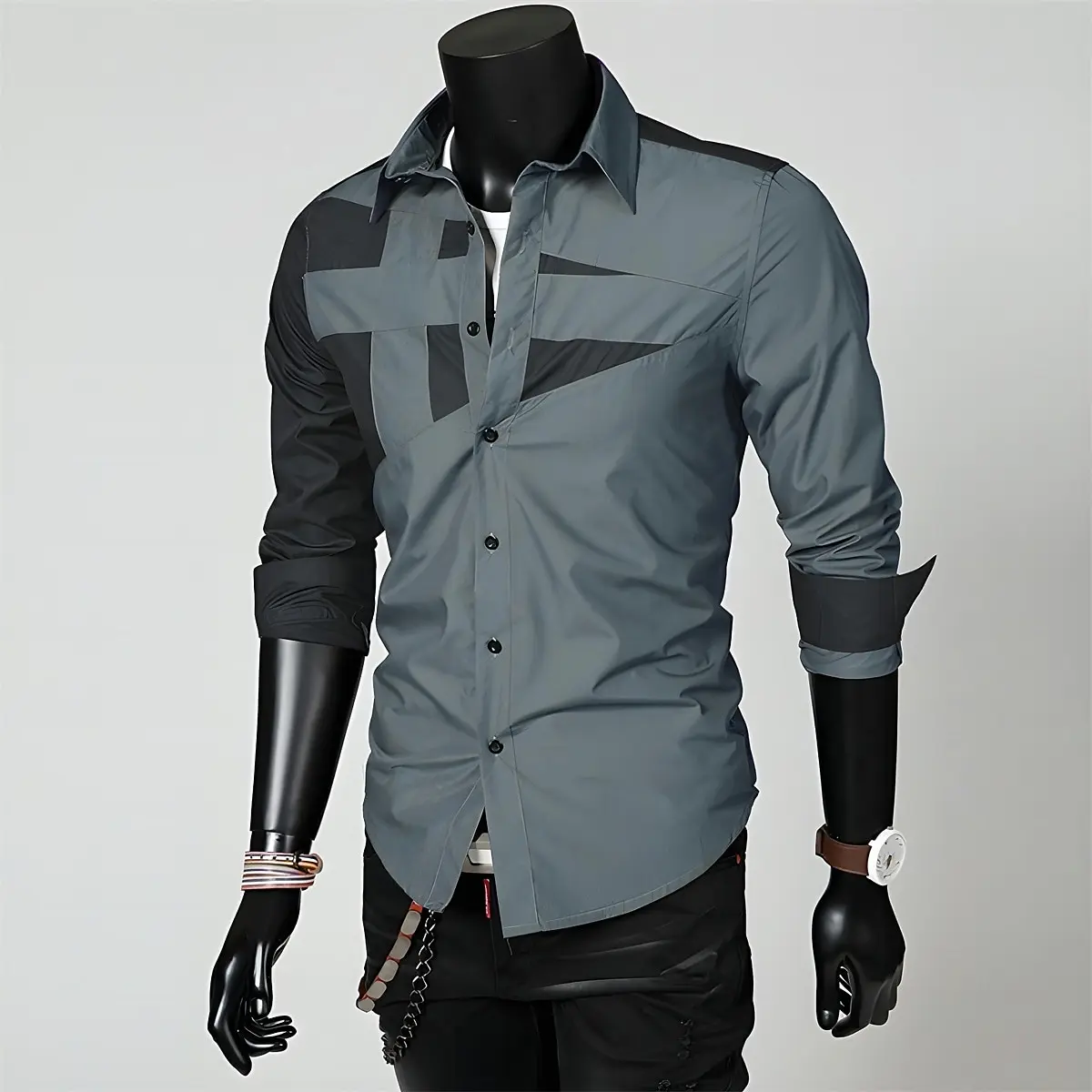 Fashionable men\'s luxury high-quality casual office formal T-shirt shirt spliced black and white with popular style tops