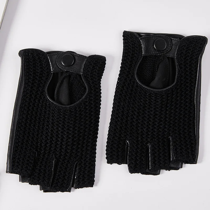 Genuine Sheepskin Leather Driving Gloves for Men, Keep Warm, Knitting Mittens, Half-Finger, S3527