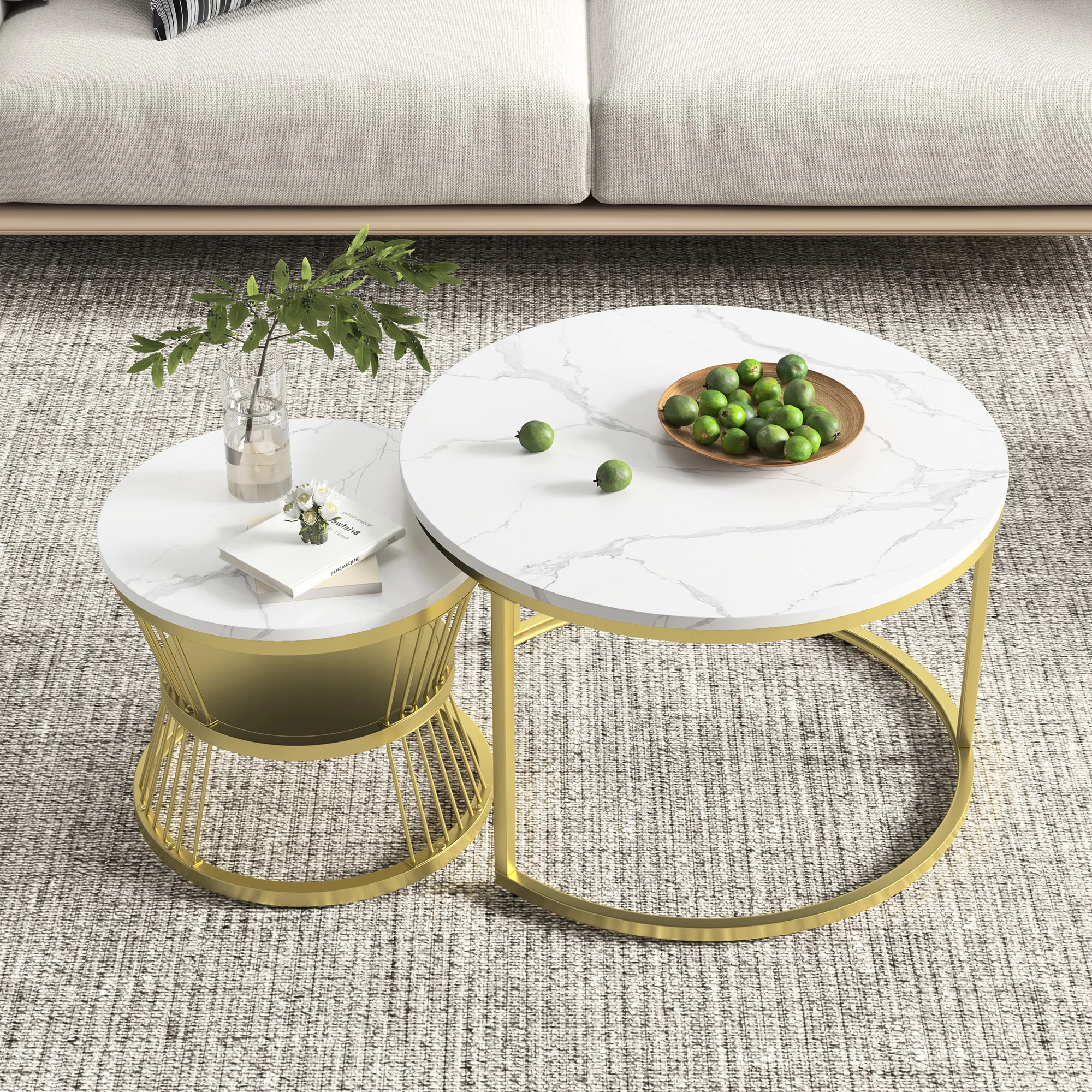 2PCS Modern Nesting Coffee Table,Coffee Table Set Marble Veneer Sofa Side Nest of Tables Round End Tables,Set of 2, Golden Frame