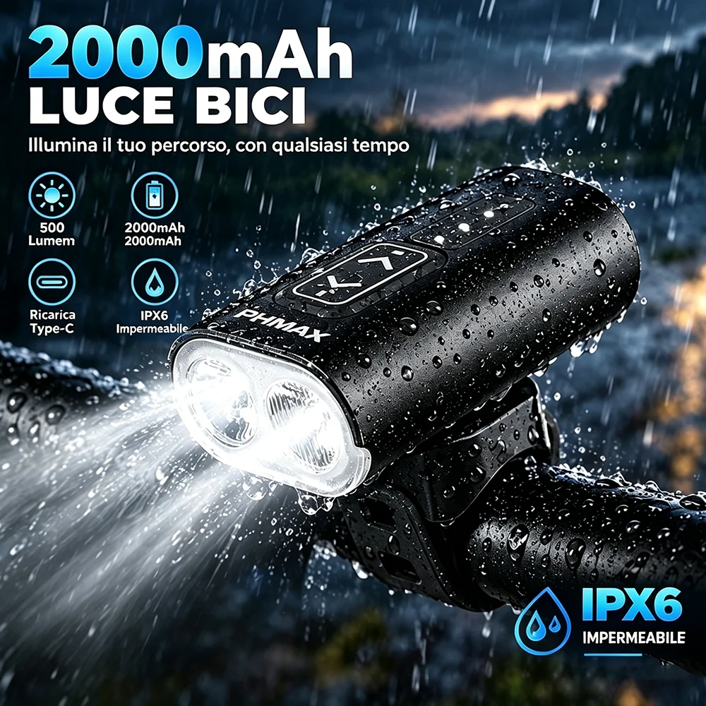 Luce per bicicletta, torcia per bici impermeabile in lega di alluminio da 500 lumen, ricaricabile USB, fanale anteriore da ciclismo per bici da montagna e bici da strada