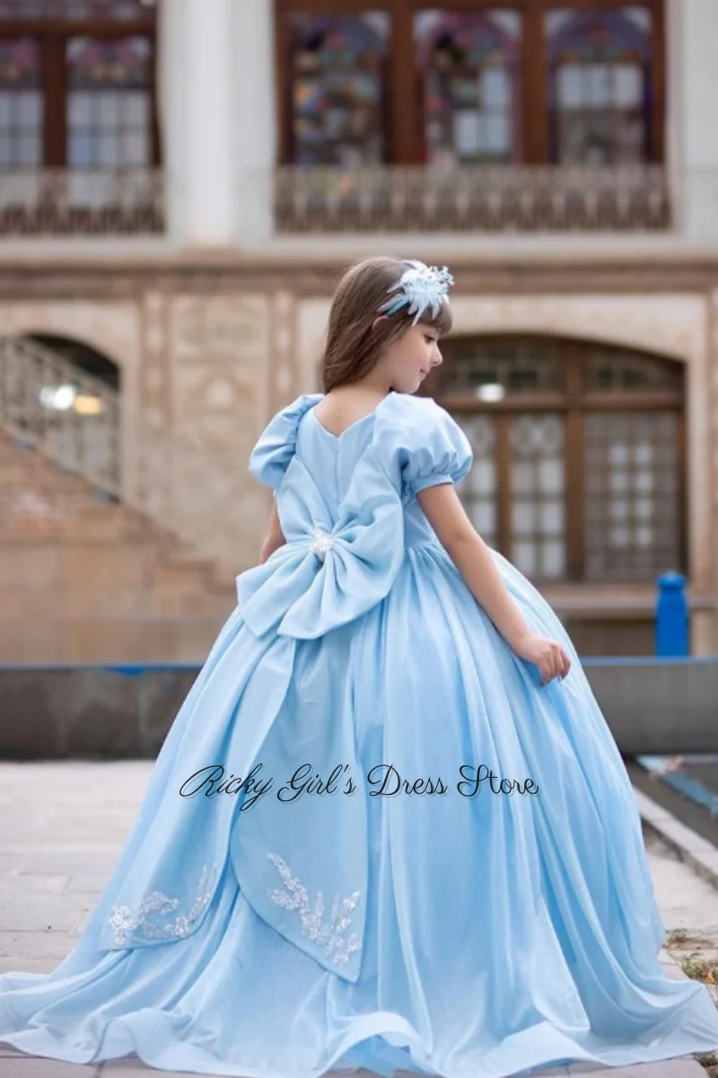 Customized Sky Blue Flower Girl Dresses Short Sleeve Litter Princess Dress For Wedding Party Evening Banquet Princess Gown