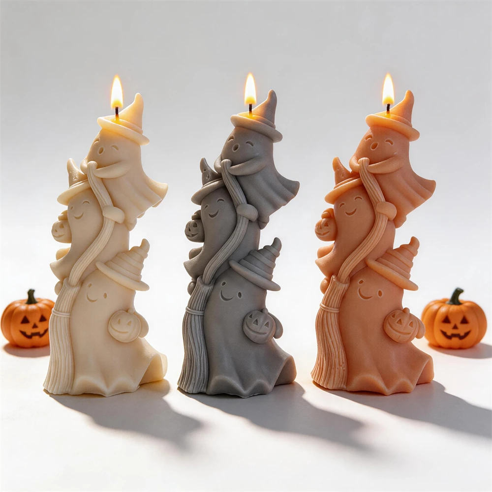 

Ghost Witch figurine Candle Mold Halloween Decor Broom Pumpkins Resin Plaster Soap Silicone Mold for Happy Halloween