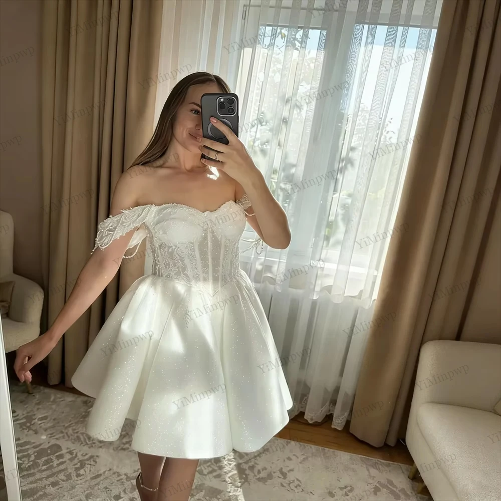 

Customized Shiny Off Shoulder Sweetheart Mini Wedding Dress Elegant Lace-up Back Short Length Gown For Bride Applique Pearls