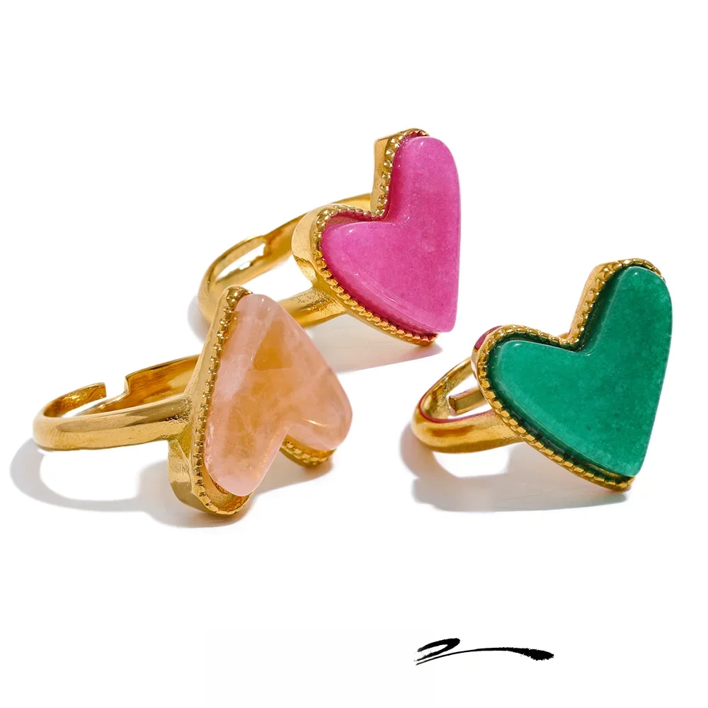 Yhpup Candy Sweet Y2K Natural Stone Stainless Steel Heart Love Open Ring Regulowany prawdziwy pozłacany młody pierścionek dla kobiet — zdjęcie 2