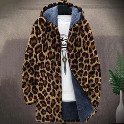 Men'S Leopard Graphic Winter Coat Print Pattern Knitted Sweater Cardigan Zipper Hooded With Thick Fleece For Youth