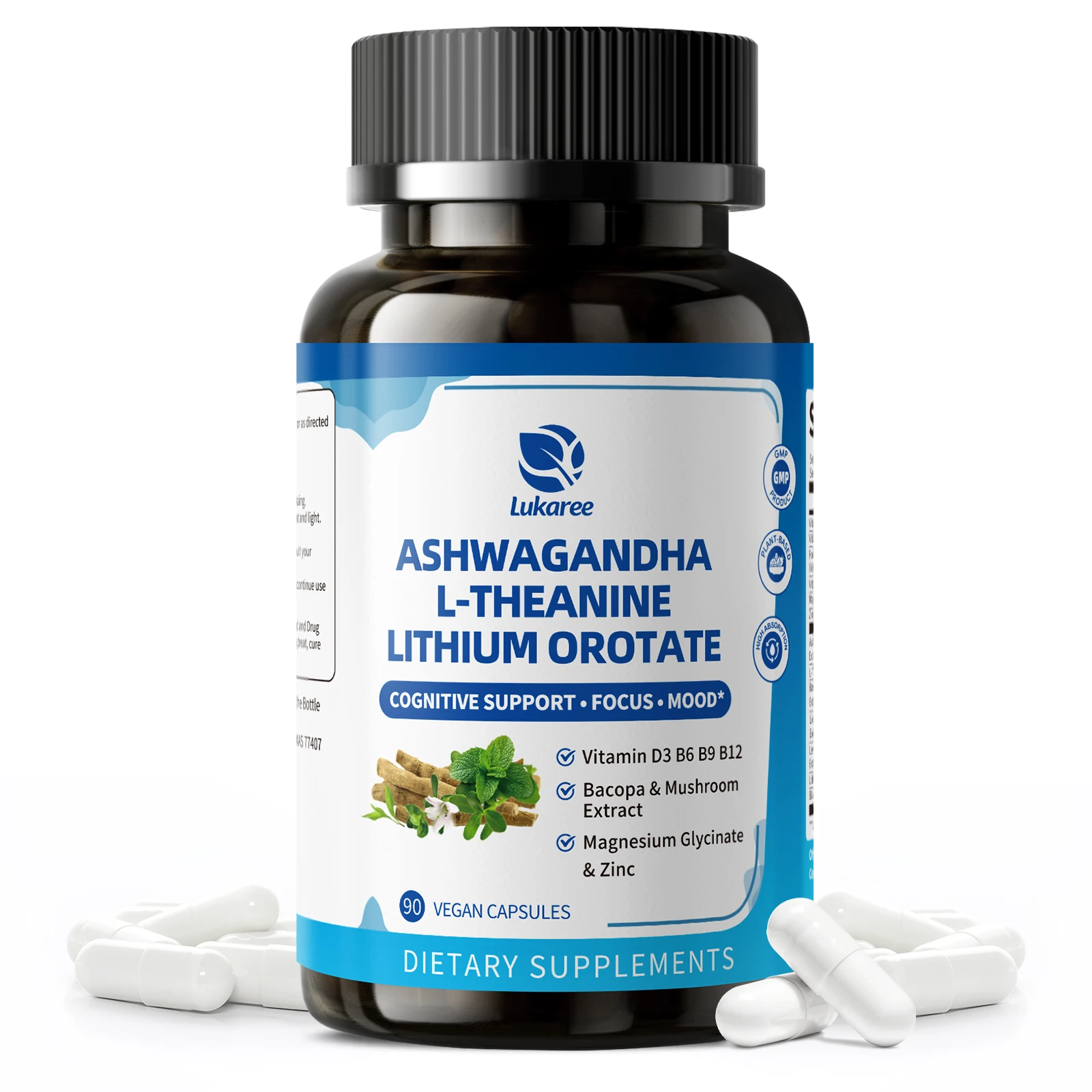 

Lukaree Lithium Orotate 8mg Mood & Brain Support with Ashwagandha 200mg, Magnesium, Bacopa, Lion’s Mane for Memory & Focus