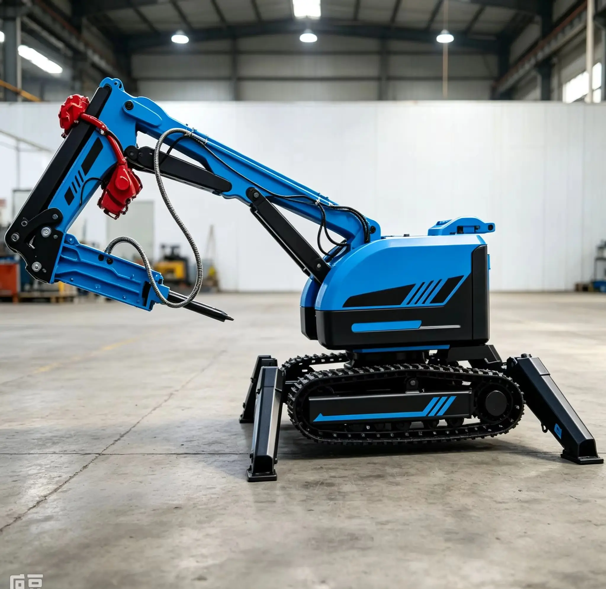 Robot de démolition télécommandé à entraînement hydraulique sur chenilles pour le bris de roches, le concassage de béton et la rénovation des routes.