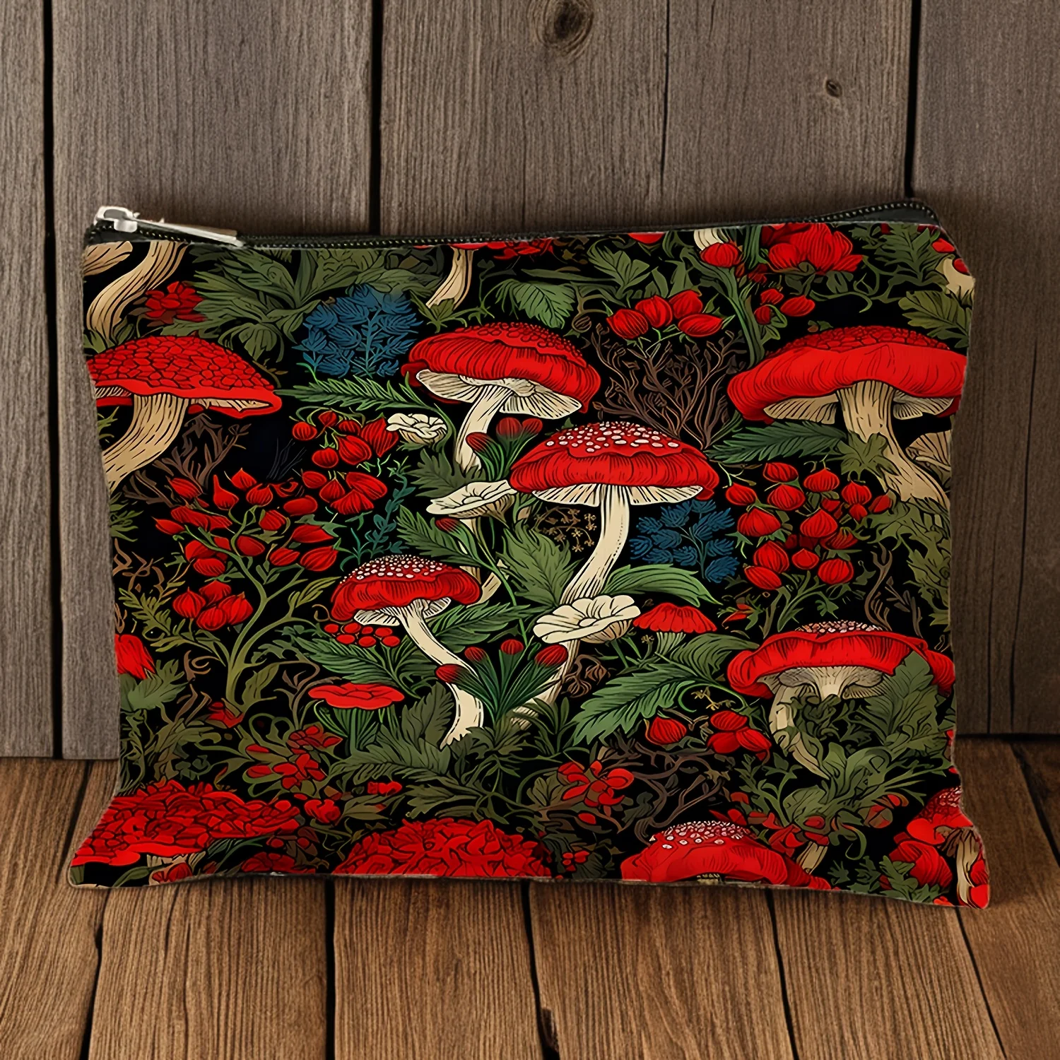 1Pc Bright Red Mushroom Retro Design Makeup Bag, Snack Storage Bag, Stationery Storage Bag, Fashionable Toiletry Bag, Canvas Double-Sided Printing, Multifunctional Travel Storage Bag