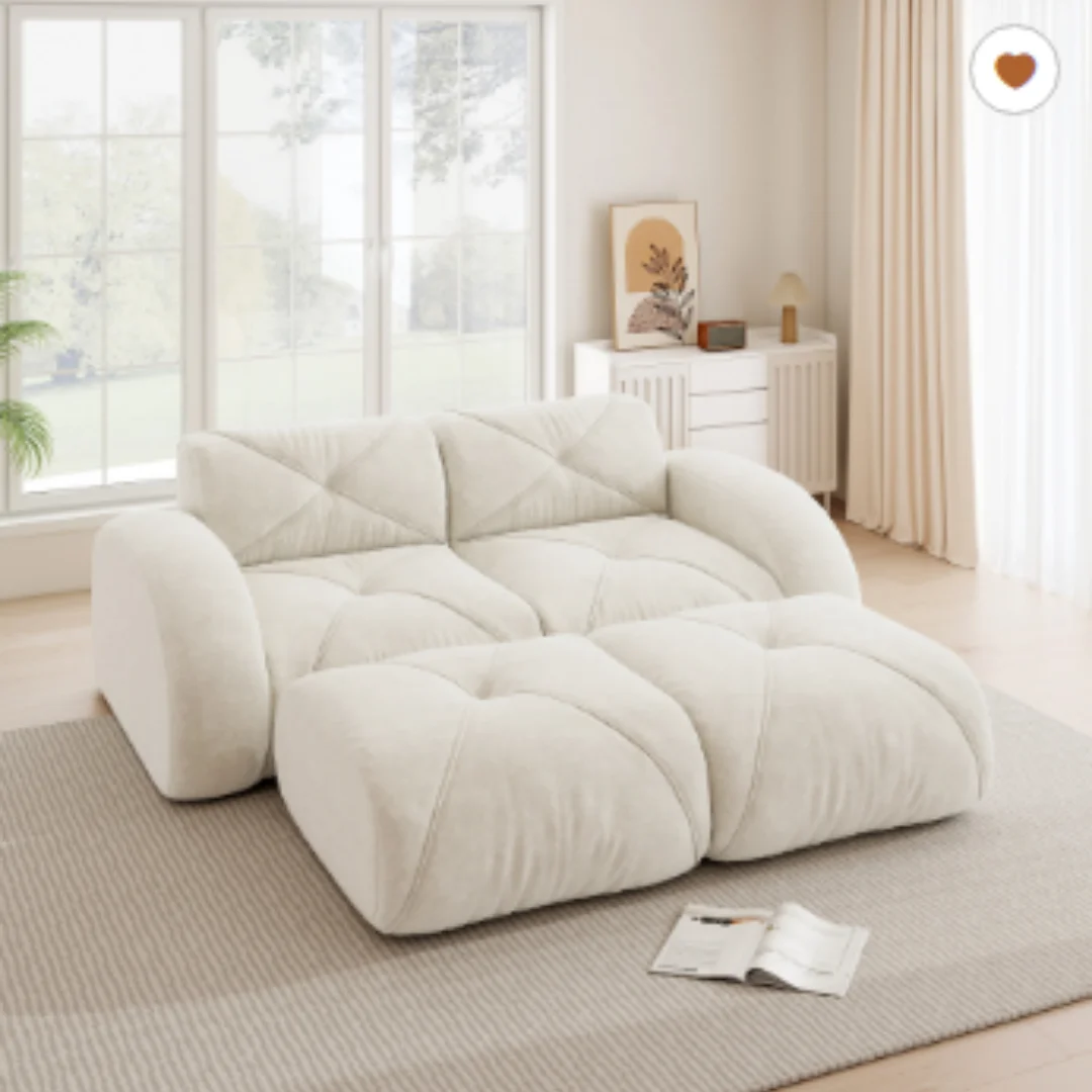 Este sofá modular de 2 plazas se entrega con dos taburetes. Es un sofá sin marco, ideal para salas de estar y apartamentos, antideslizante y no requiere montaje, color blanco.