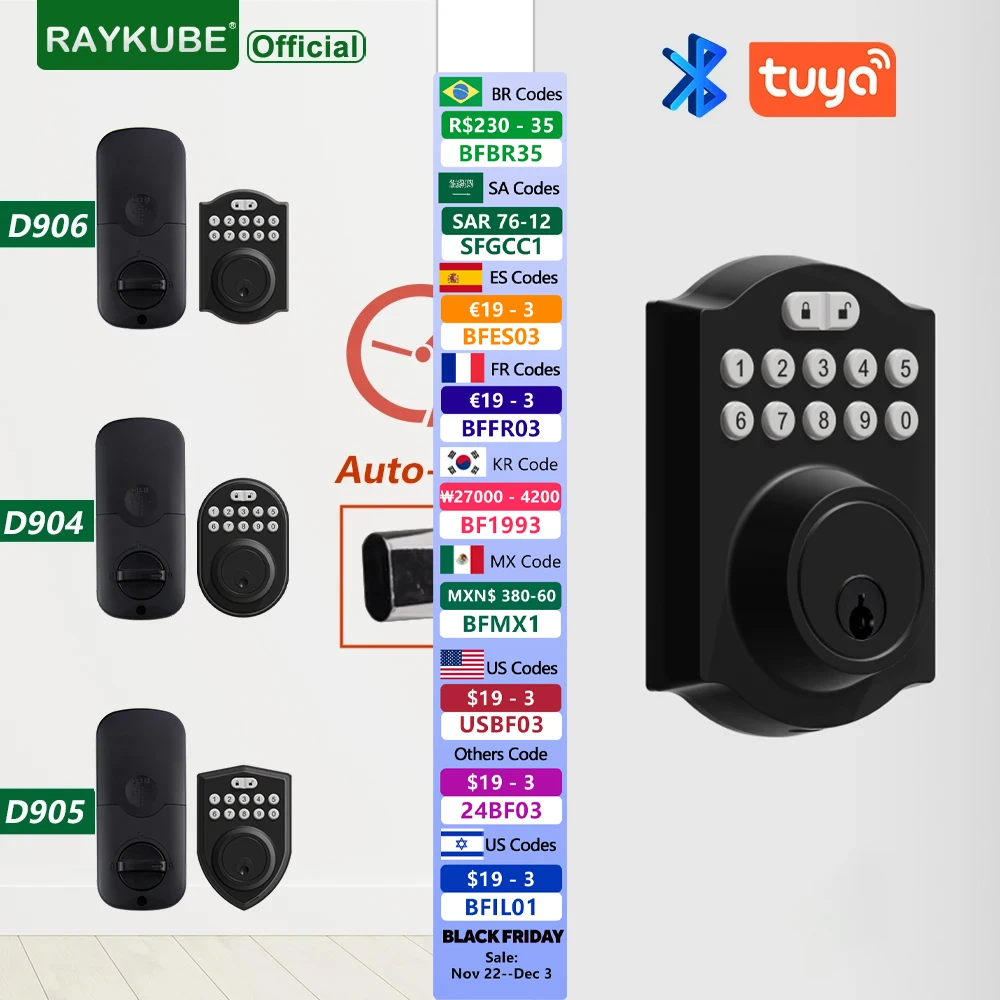 RAYKUBE Tuya BLE Timed automatic lock Deadbolt Smart Door Lock Digital Lock With Password/Key/APP Remote Unlock D904/D905/D906