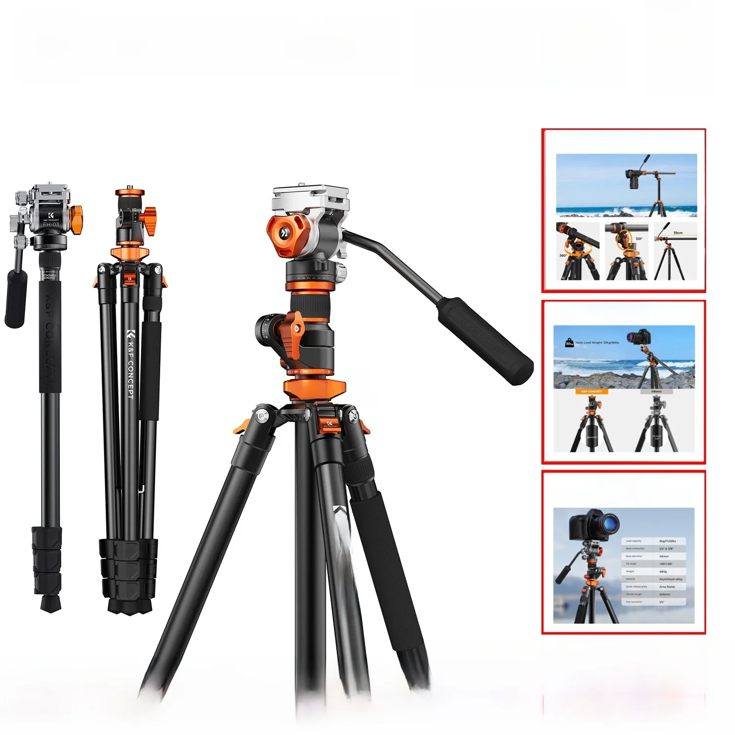 K&F CONCEPT 90 cali/230 cm Statyw do kamer z głowicą hydrauliczną, wytrzymały, udźwig 5 kg, do zdjęć poziomych, statywy wideo T254A7+FH-03 — zdjęcie produktu 7