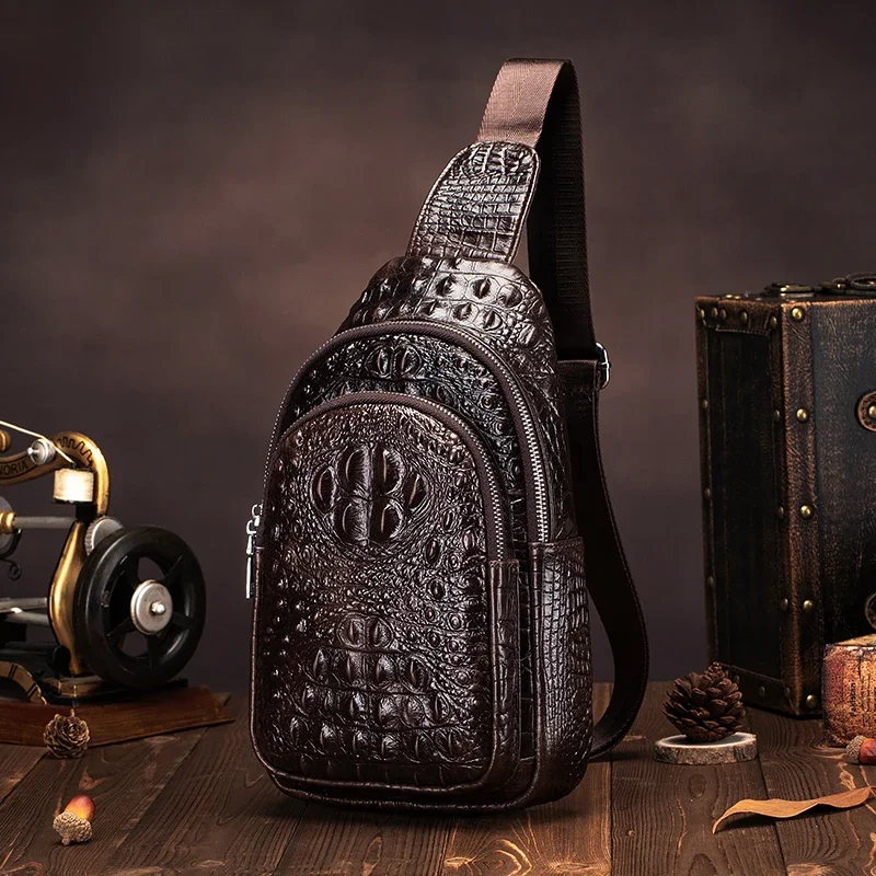SCHLATUM męska prawdziwej skóry vintage wzór krokodyla torba na klatkę piersiowa luksusowa męska torba podróżna typu crossbody wielofunkcyjne torby na ramię — zdjęcie 2