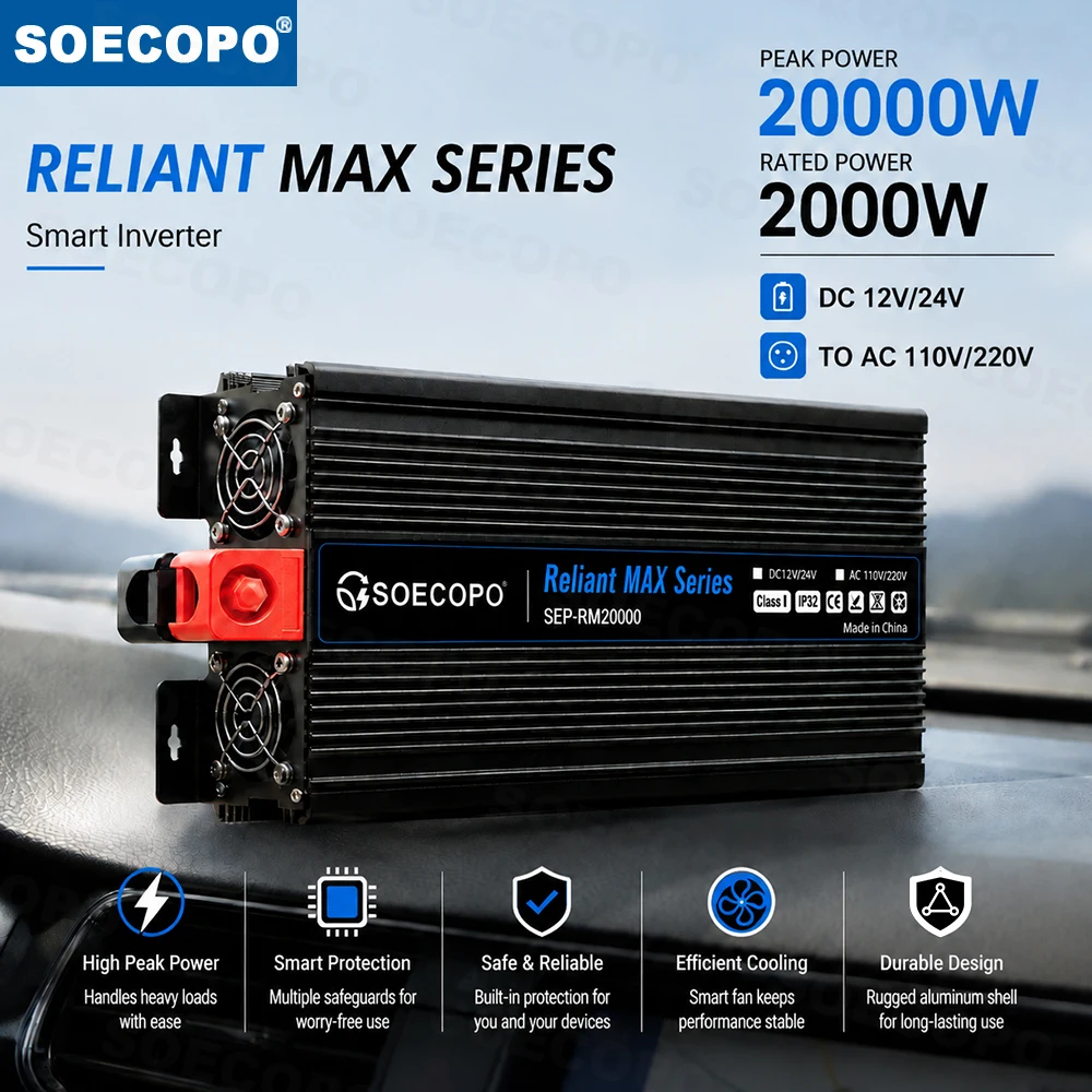20000W Peak Power Inverter Rated 2000W DC12V 24V to AC110V 220V Digital LCD Screen Smart Cooling Design for Emergency Power