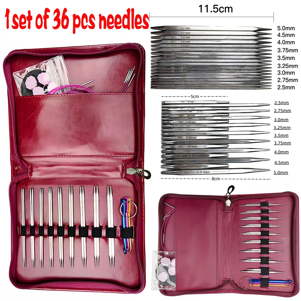 36Pcs Interchangeable Circular Knitting Needles Set 2.5mm-5.0mm Square Stainless Steel Crochet Hooks Weaving Yarn Sweaters Tools