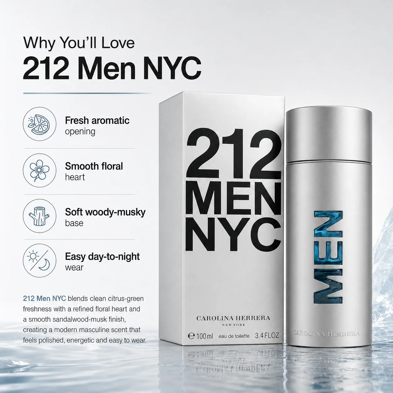Carolina Herrera 212 Men NYC EDT Cologne For Men 100ml Silver Metal Cylinder Bottle Long Lasting Woody Citrus Fragrance Luxury Gift Box Spray For Business Dating Gentlemen view 5