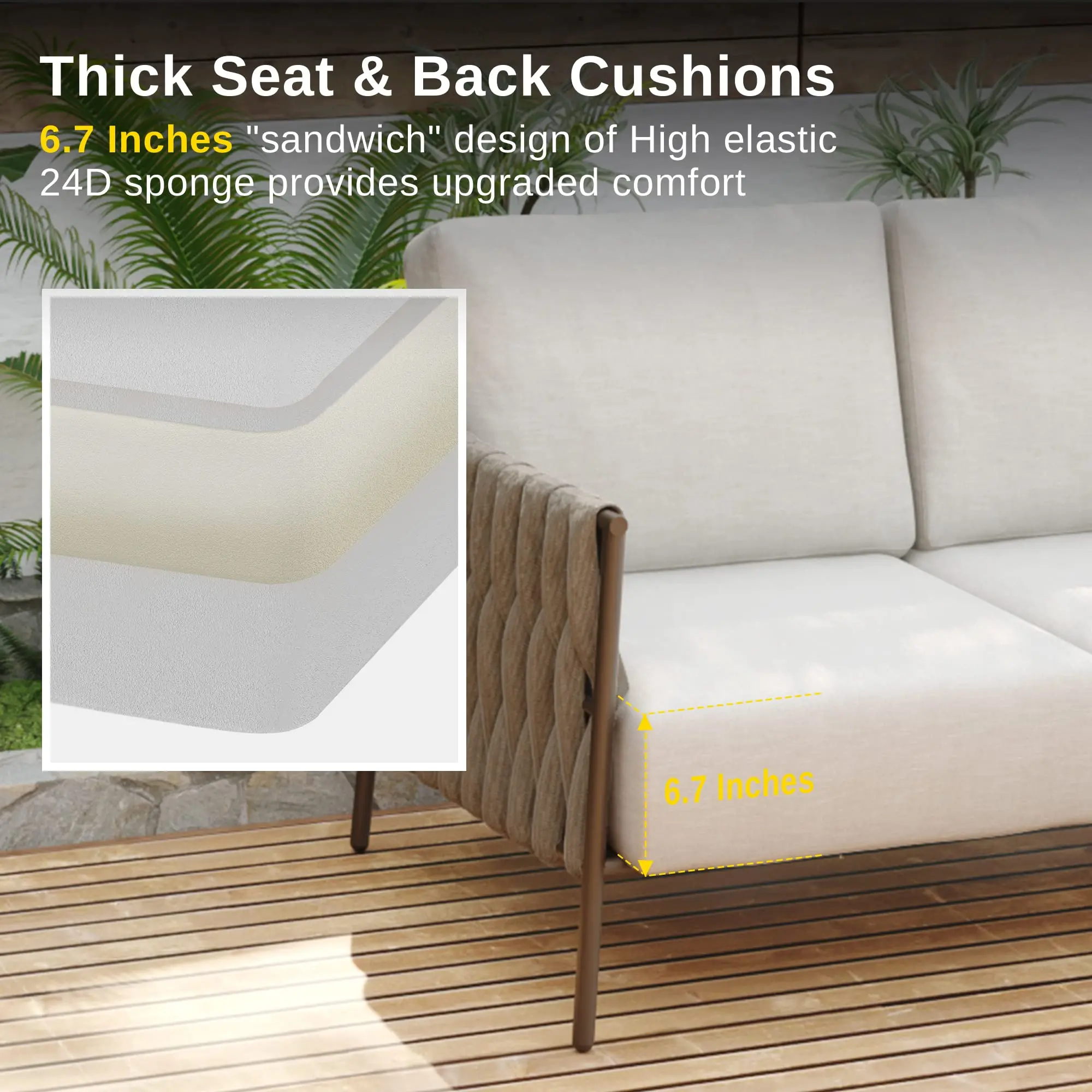 طقم أريكة فناء خارجي حديث، حبل منسوج باللون البيج وإطار معدني وسائد مقاومة للماء للحديقة وبحول السباحة، أثاث خارجي فاخر