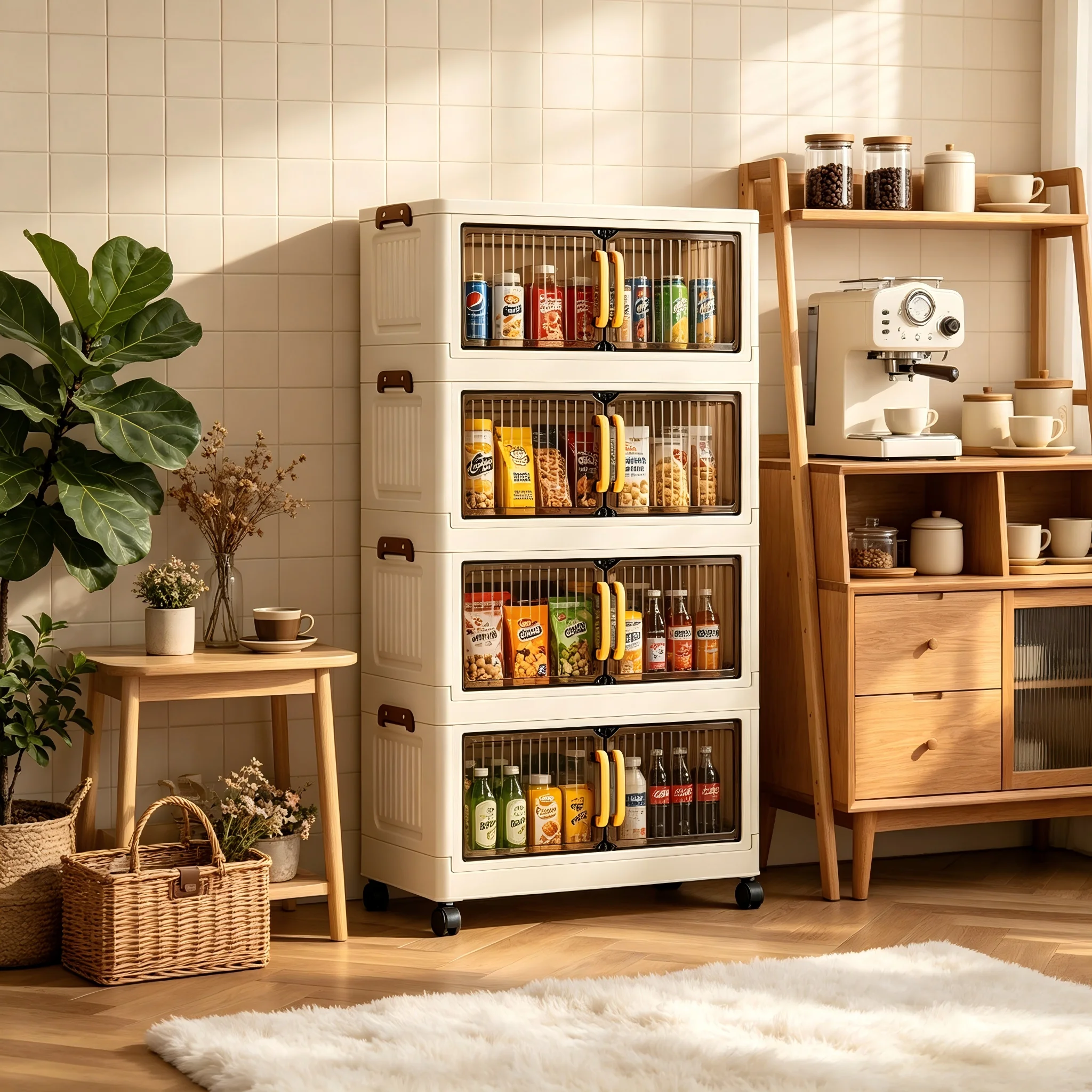 23.62in 3/4/5 Tier Foldable Plastic Storage Cabinet with Wheels, Double Transparent Door Organizer, Large Storage Chest, No Assembly Closet Organizer with Latches for Bedroom Kitchen, Cream White