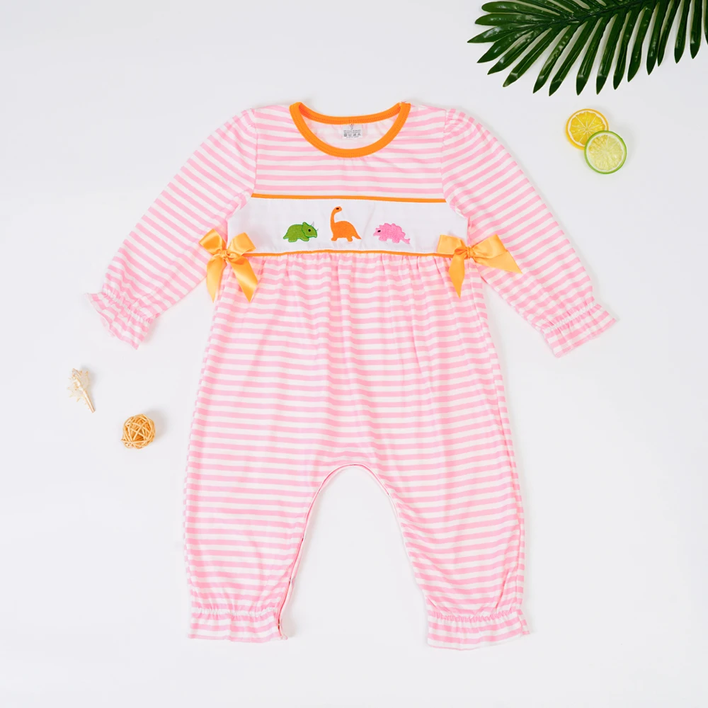 Baby Girl Clothes Outfits Toddler Romper Dinosaur Embroidery One Piece Long Sleeve Stripe Bodysuit Jumpsuit For 0-3T Babi Girls