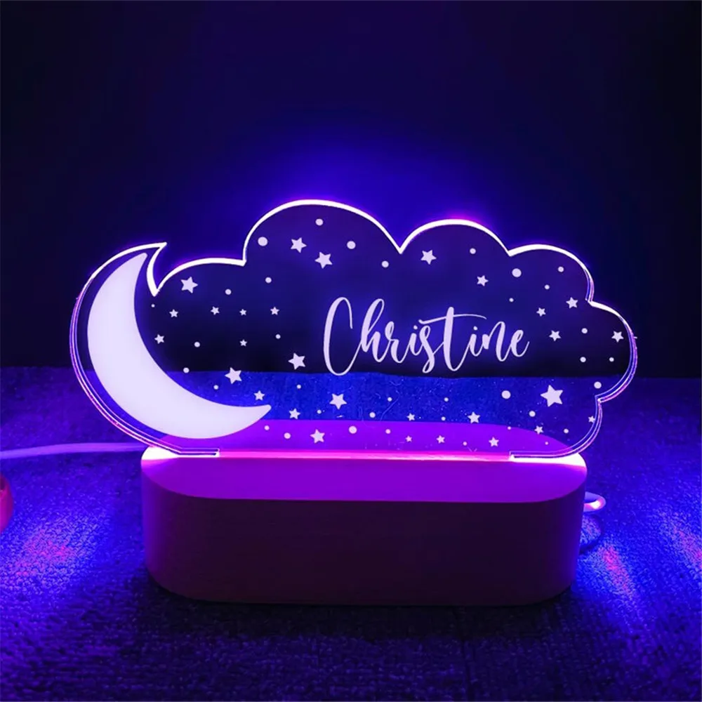 Personalised Cloud Moon Stars Baby Name Night Light Custom 7 Color Switching LED Neon Lamp for Kids Children Bedroom Boho Decor