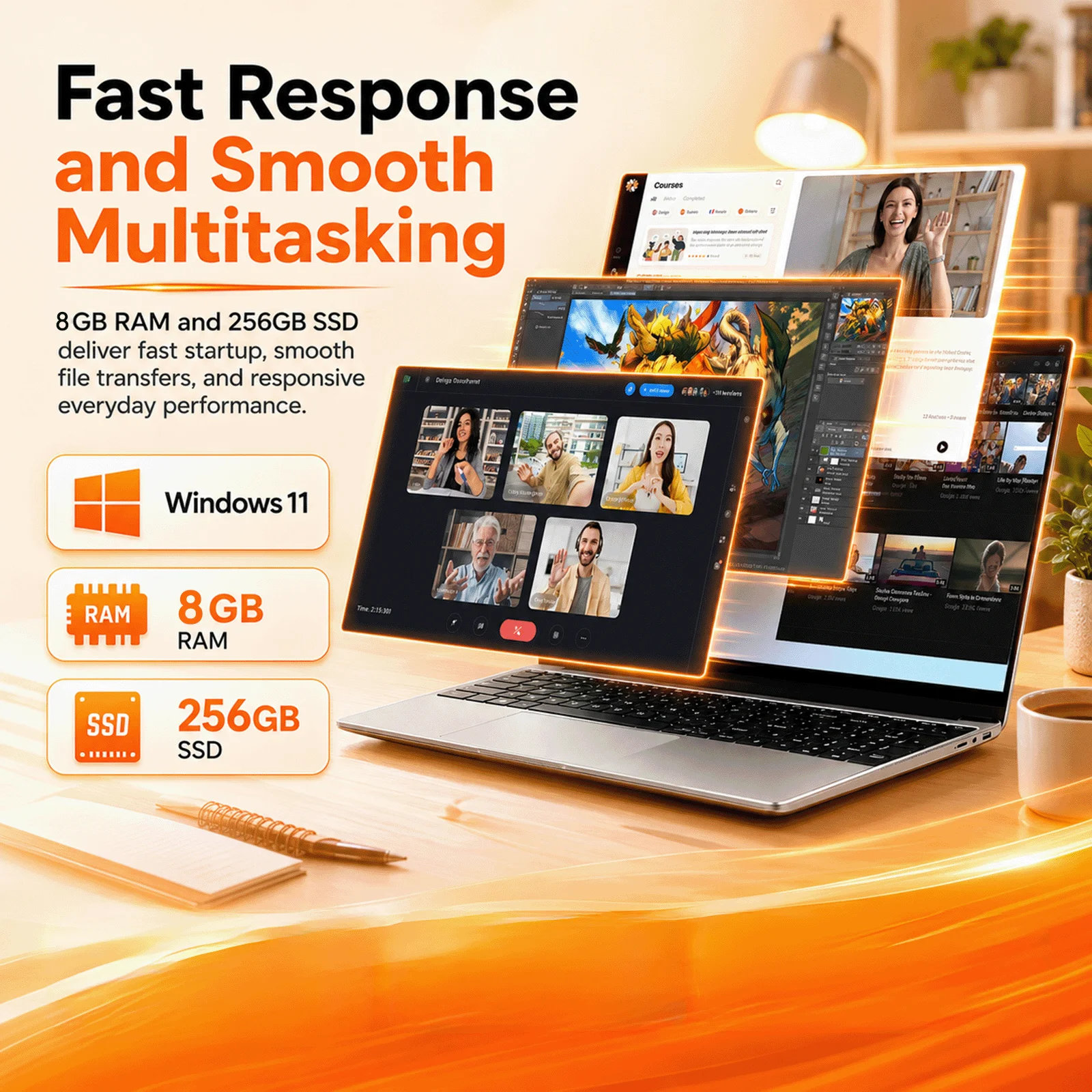 15.6 Inch Laptop Intel Celeron N3450 Quad Core,4GB/8GB RAM 128GB/256GB SSD DDR4, Full HD 1920x1080 IPS Display, Windows 11 Notebook, WiFi 5, HDMI, Webcam, Lightweight Computer for Study Office Business, France Stock Multi Language Keyboard Protective Fil