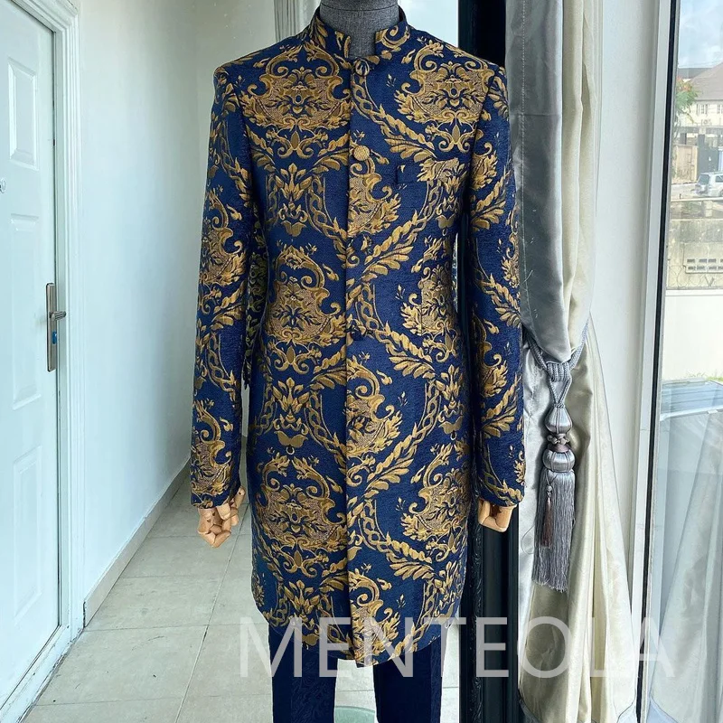 Jacquard Long Men Suits with Stand Collar Coat 2 Pieces Wedding Tuxedo for Groom Floral Jacket with Pants Mandarin Male Fashion